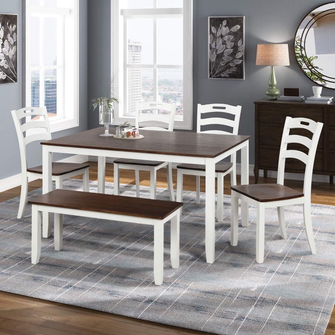 Set Of 6 Wood Dining Dinette Table and 4 Chairs with 1 Bench (Ivory and Cherry) [NEW]