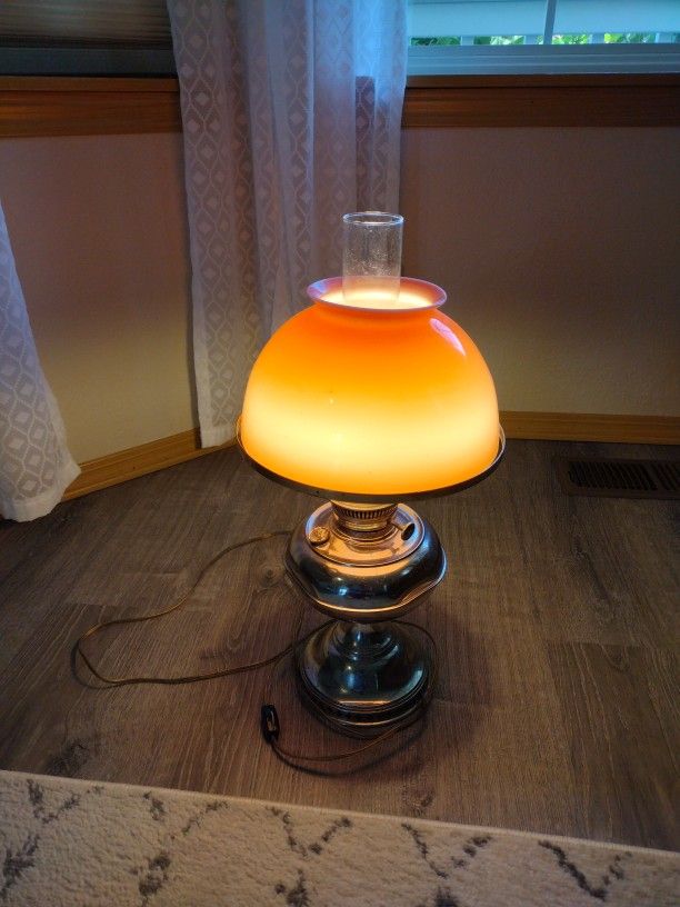 Antique 18th Century Rayo Nickel Oil Lamp w/Pink Glass Shade