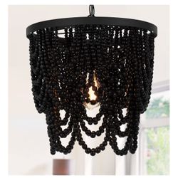 Boho Beaded Chandelier 15" Wood Bead Semi Flush Mounted Pendant Light Black Height Adjustable