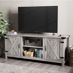 ✌️ YESHOMY Modern Farmhouse TV Stand with Two Barn Doors and Storage Cabinets for Televisions up to 65+ Inch, Entertainment Center Console Table