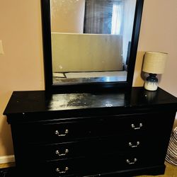 Black Bed frame With Drawer and Dresser with mirror