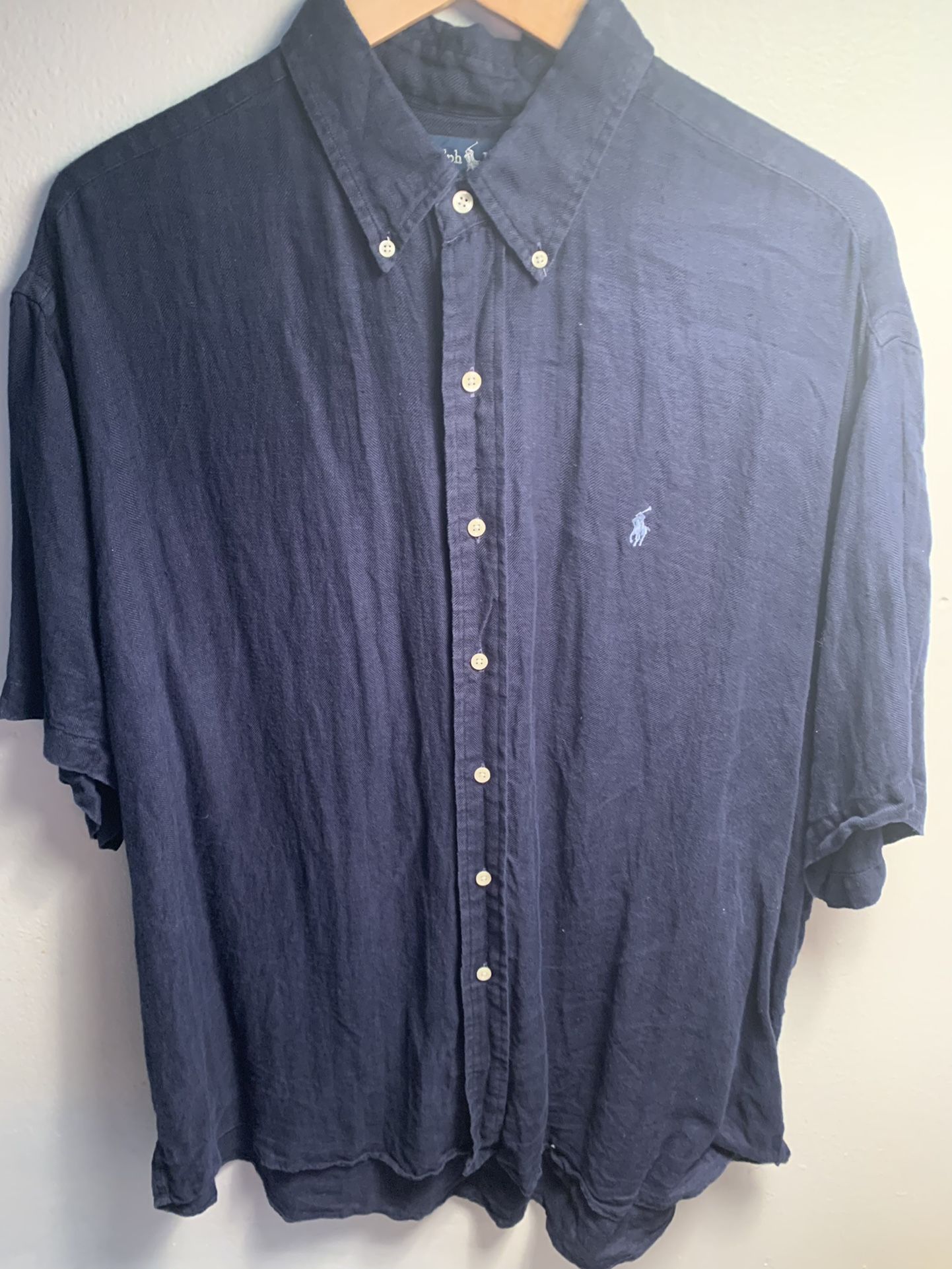 Linen Navy Blue linen Short Sleeve Shirt XL