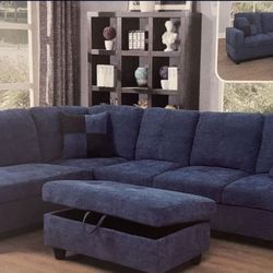 Blue Microfiber Sectional Couch and Ottoman
