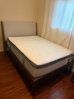 Full Bed Frame with Upholstered Headboard and Mattress