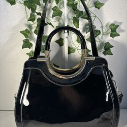 Black Patent Handbag with Gold Hardware Optional adjustable and detachable Strap