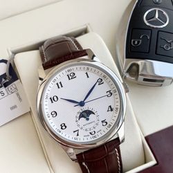 Longines Master Collection Automatic Moon Phase White Dial Brown Leather Watch - Like New w/ Original Box