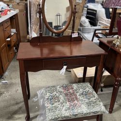 Vanity Table And Stool Set With Oval Mirror, Cherry Brown $100/2pcs