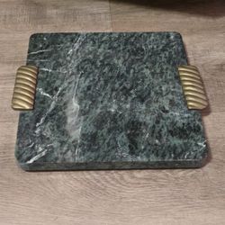Vintage Georges Briard Green Marble Slab Cutting Board with Brass Handles