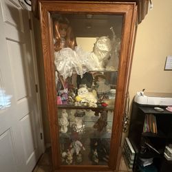 Oak Wood Glass  Curio With Light 4 Shelves 