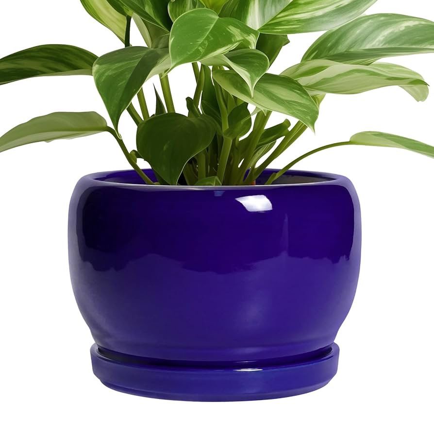 8 Inch Plant Pot - Ceramic Planter for Indoor Plants Outdoor, Ceramic Flower Pot with Drainage Hole and Saucer, Modern Round Planter, Bathroom Decor,