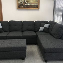 Charcoal Linen Sectional Couch and Ottoman