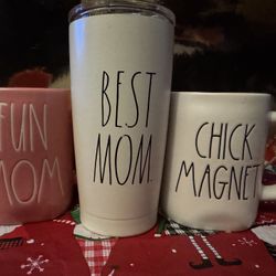 Rae Dunn Mugs & Tumbler 3 Set Coffee  LOT-Fun Mom-Best Mom-Chick Magnet- Pink 