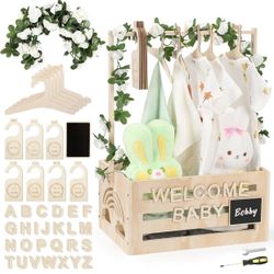 Wooden Baby Shower Crate Closet With Hangers, Letters, Dividers - Easy Assembly Basket for Newborn Boys Girls - Pregnancy Gifts for New Parents