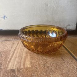 Vintage Mid Century Engraved Diamond Point Amber Glass Snack Bowl