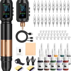 Professional Cordless Tattoo Gun with Colorful Screen, 4 Speed Adjustable 6200 RPM, 3.5mm Stroke & 1600mAh Dual-Battery, Type-C Charging, Black Gold A