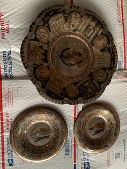 Vintage Egyptian Plates Silver Gold And Brass