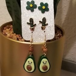 Green Avocado Dangling Earrings Set Of 3