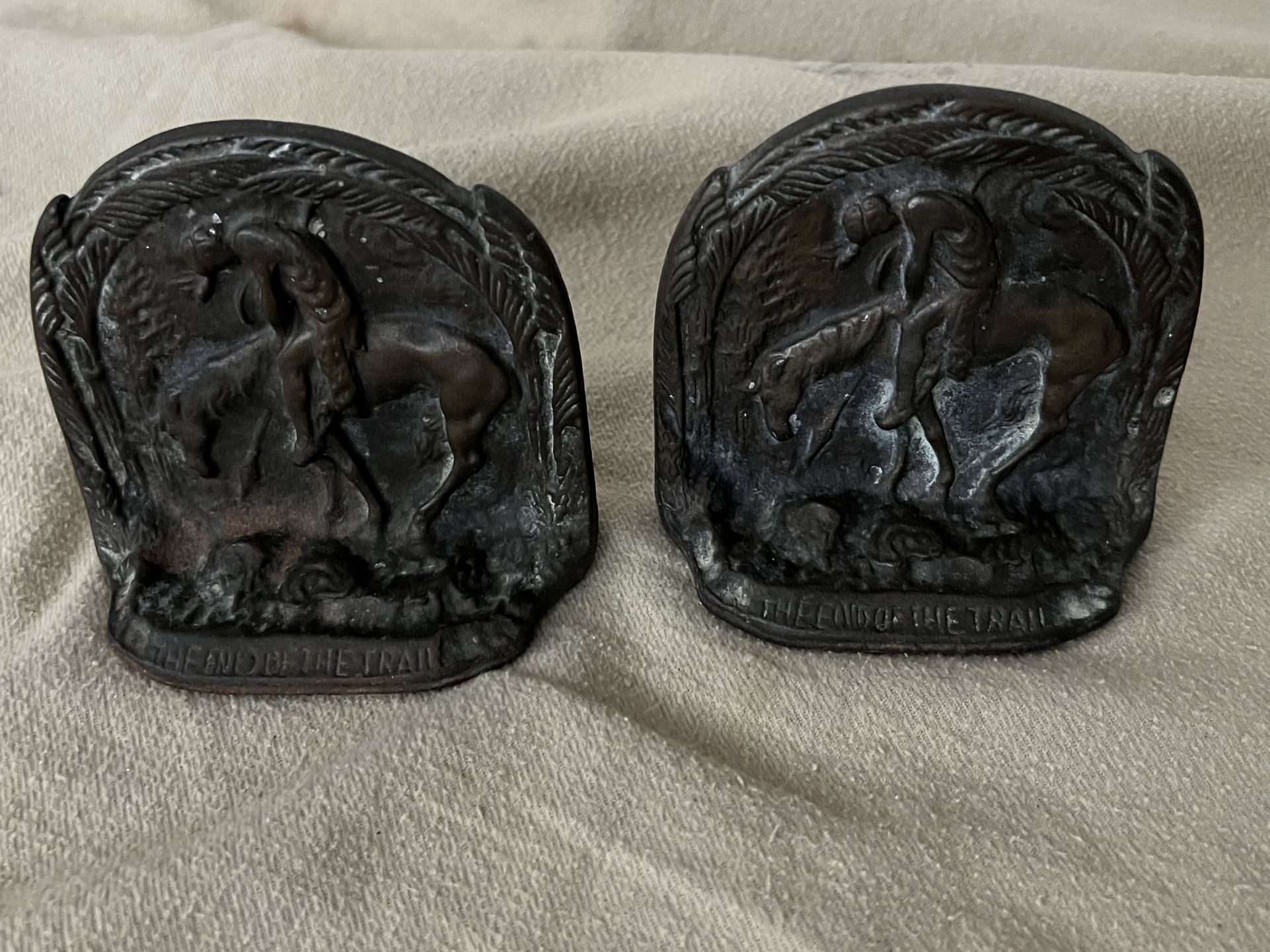 Set of 2 Pair Bronze End of Trail Indian On Horse Bookends