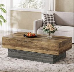 RY0230 Farmhouse Wood Coffee Table, 55-Inch Rectangle Large Tea Table with Grey Base, Vintage Center