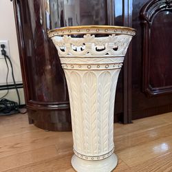 Tall White Ceramic Floor Vase with Gold Trim