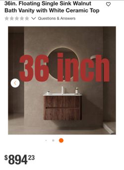 36in Floating Walnut Bath Vanity White Ceramic Top