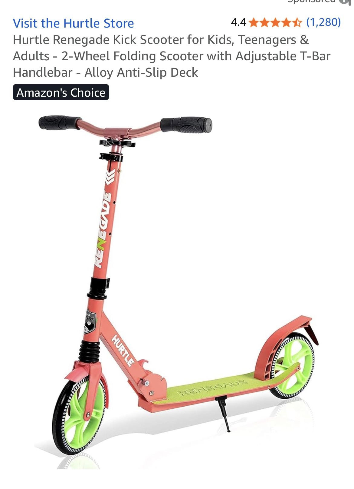 Hurtle Renegade Kick Scooter for Kids, Teenagers & Adults - 2-Wheel Folding Scooter with Adjustable T-Bar Handlebar - Alloy Anti-Slip Deck