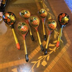 Vintage Decorative Russian Lacquer Spoons. Hand Painted Each $7 Wooden Spoons With Black Red and Gold Floral Designs. Gold and Black Handles.