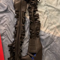 Leather Thigh High Gladiator Wedge Heel