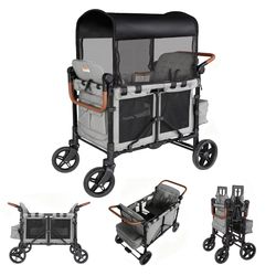 Wagon Stroller for 4 Kids with Canopy, Removable Seats, 5-Point Harness, Gray