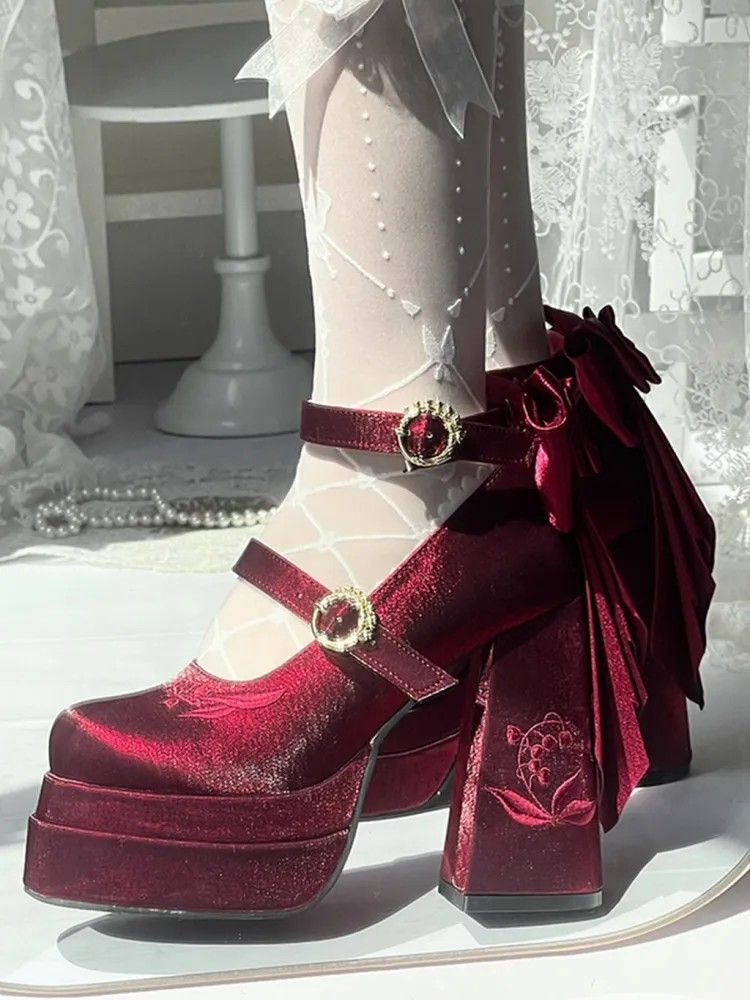 Wine Red Detachable Bowknot Lily of the Valley Embroidery High Block Heel Platform Mary Janes Zapatos Tacones Rojos