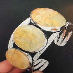 Yellow Lace Agate Stamped 925 Sterling Silver Cuff Bracelet 