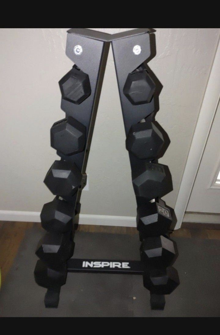 Inspire fitness 210 lb (5-30) paired rubber dumbbell set with A-frame rack