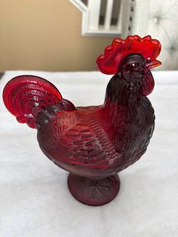 Red Glass Rooster Figurine on Pedestal