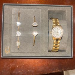 Bulova Women's Gold-Tone Crystal Watch Box Set with Matching Bracelets 