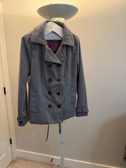 Gray double-breasted belted peacoat with purple lining,
