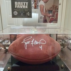 Brett Favre Signed Football In Display Case With Certificate Of Authenticity And Picture Of Signing