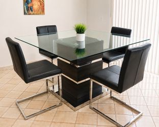 Modern Glass Dining Table Set w/ 4 Grey Chairs - Excellent Condition