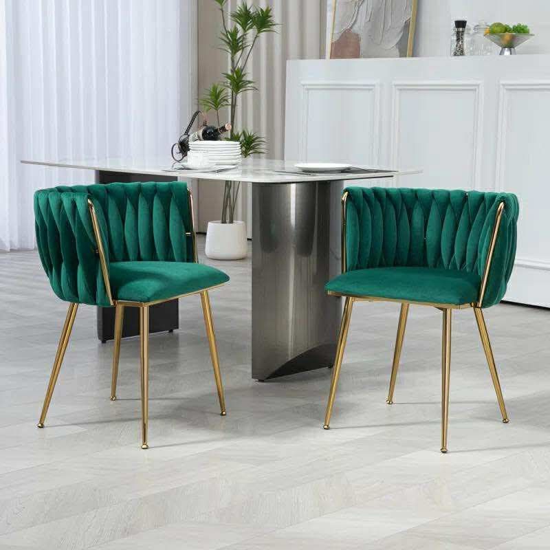 Velvet Dining Chairs Set of 2, Modern Woven Upholstered Dining Chairs with Gold Metal Legs,Luxury Tufted(Green)
