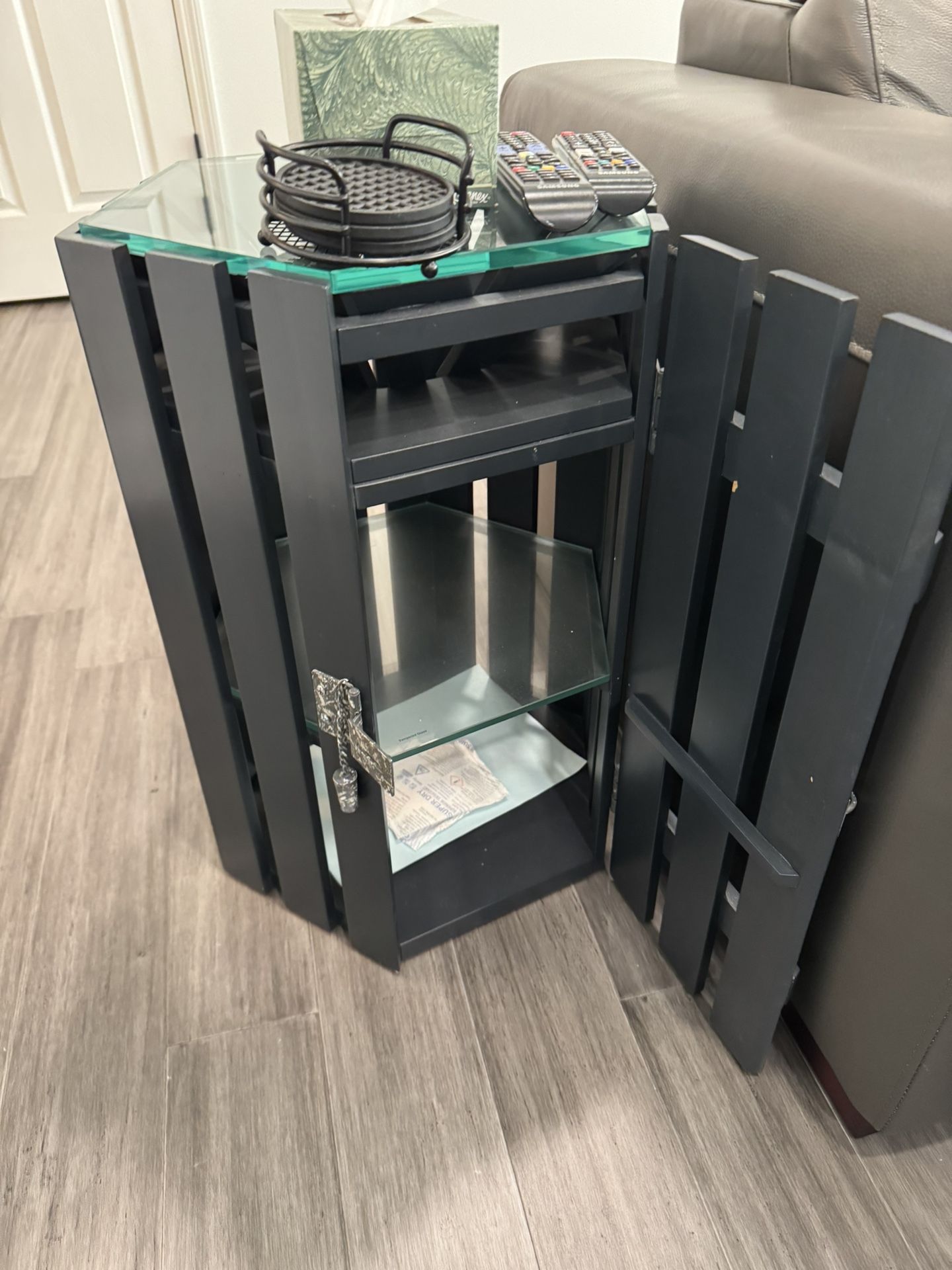 Modern Black Hexagon Side Table w/ Glass Top & Hidden Storage