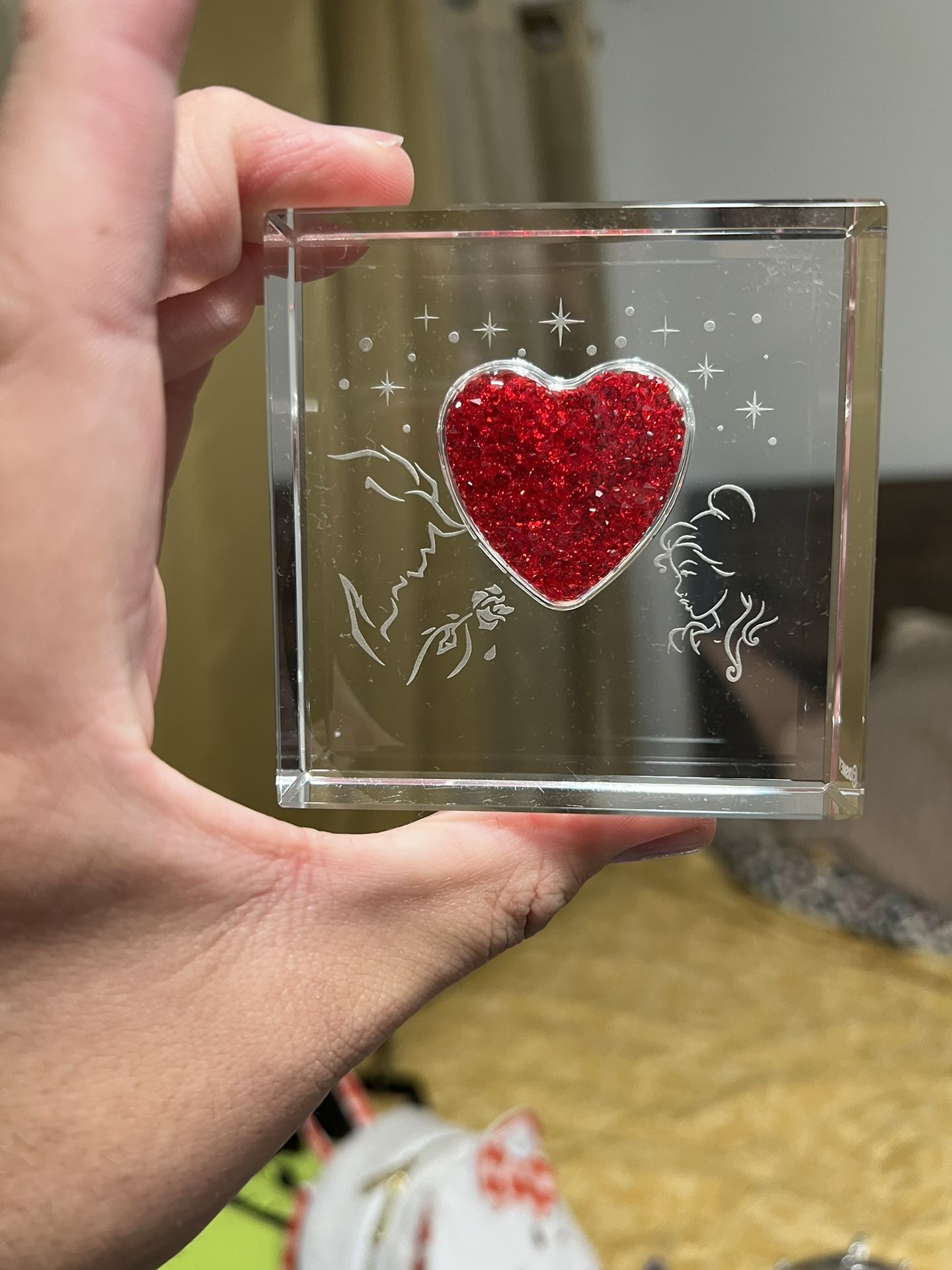 Disney Beauty And The Beast Laser Cut Red Crystal Filled Heart Paperweight