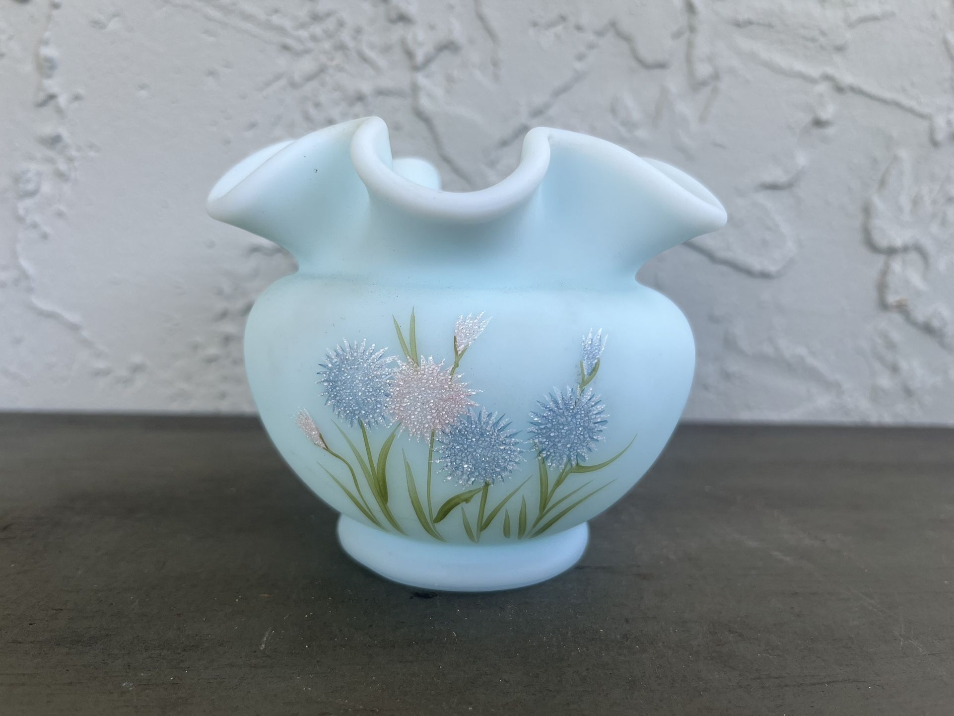FENTON Blue Satin Glass Handpainted Signed Rose Bowl (H: 3-1/2”)