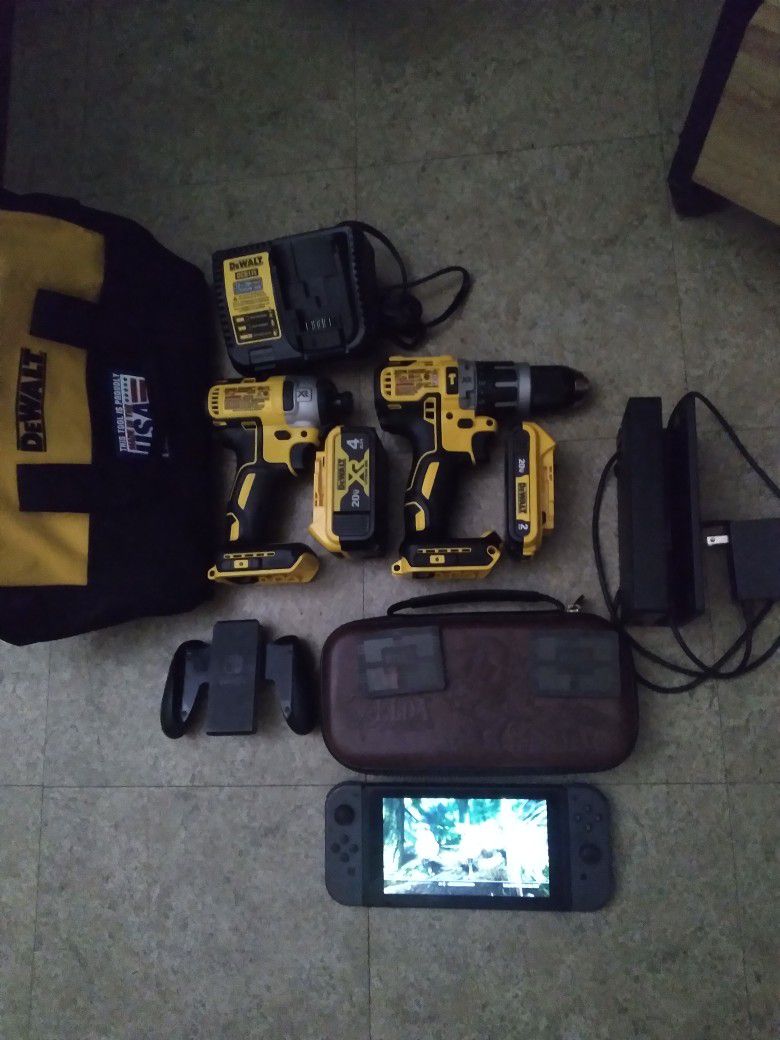 Dewalt Drill Set Value At 260$$$ Brand New Never Used With Bag Plus And Nintendo Switch  With  CONTROLLER AND 2 GAMES  VALUE At Almost 500.00$$ 