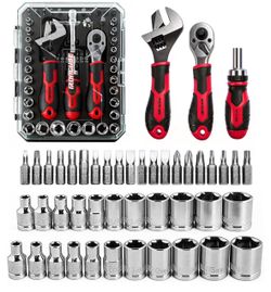 53-Piece Socket Ratchet Wrench Set, with 20-In-1 Ratcheting Screwdriver & 2-in-1 Adjustable Wrench for Garage, Auto Repair, Household Backyard & Colle