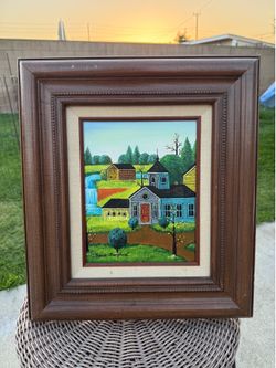 Vintage Amish Folk Art Painting – Signed Jonas Bradford – Primitive Country Landscape