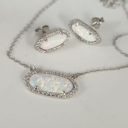 925 Sterling Silver simulated Opal & CZ jewelry set Necklace & Matching Earrings