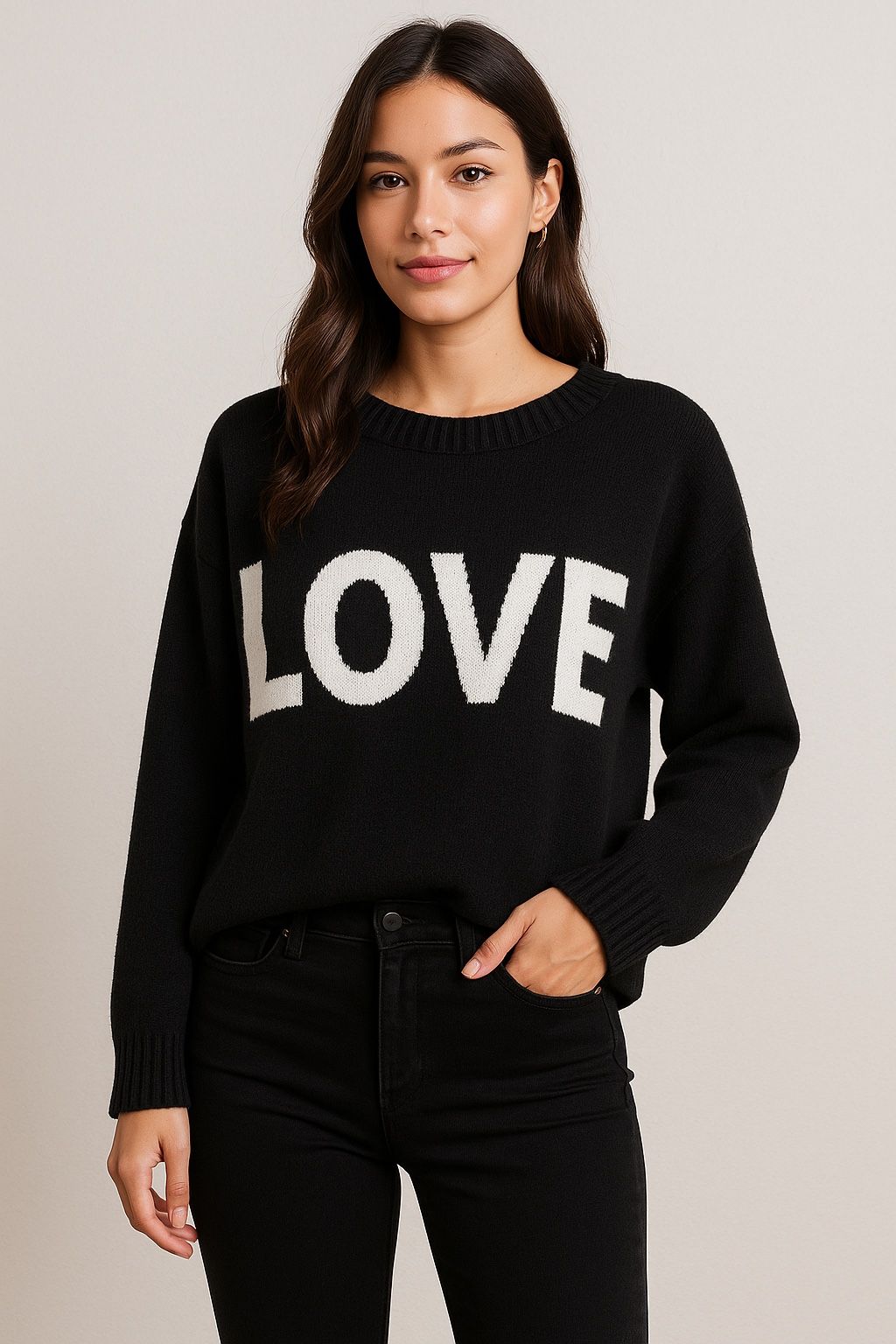 Stay cozy and make a statement with our Jet Black “LOVE” Knit Sweater