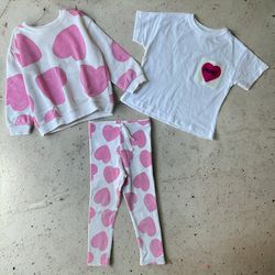 Zara Heart Sweatshirt, T-shirt, Leggings Outfit Set, Girl 2-3T, Ivory Pink