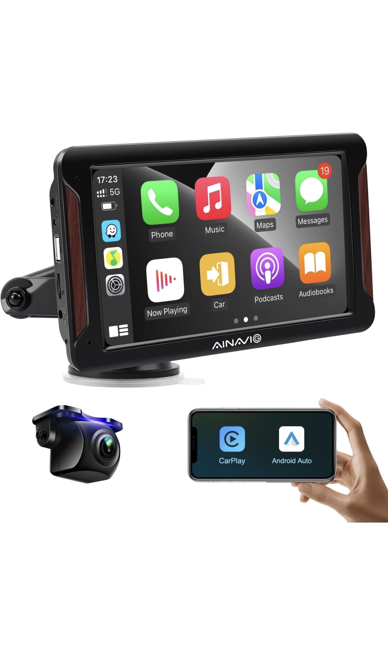 Portable Wireless Apple Carplay Android Auto Car Stereo with Backup Camera, Drive Play Screen for Cars, Bluetooth, GPS Navigation, FM, AUX, Mirrorlink
