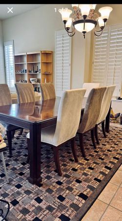 Dark Wood Dining Table with 6 Upholstered Chairs (Come With 2 Leaf)