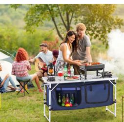 Camping Kitchen Table, Folding Outdoor Cooking Table, 3 Adjustable Height, Aluminum Lightweight Portable, Blue
